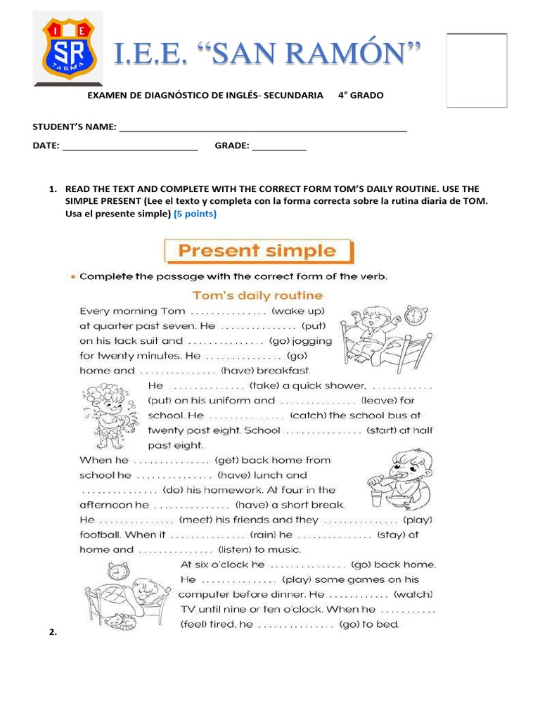 Examen Diagnóstico de Inglés 4° Grado | PDF