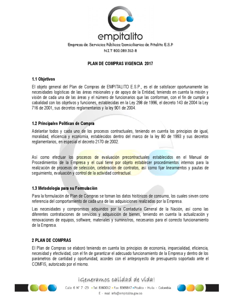 Plan de Compras 2017 de EMPITALITO E.S.P. | PDF | Business | Presupuesto