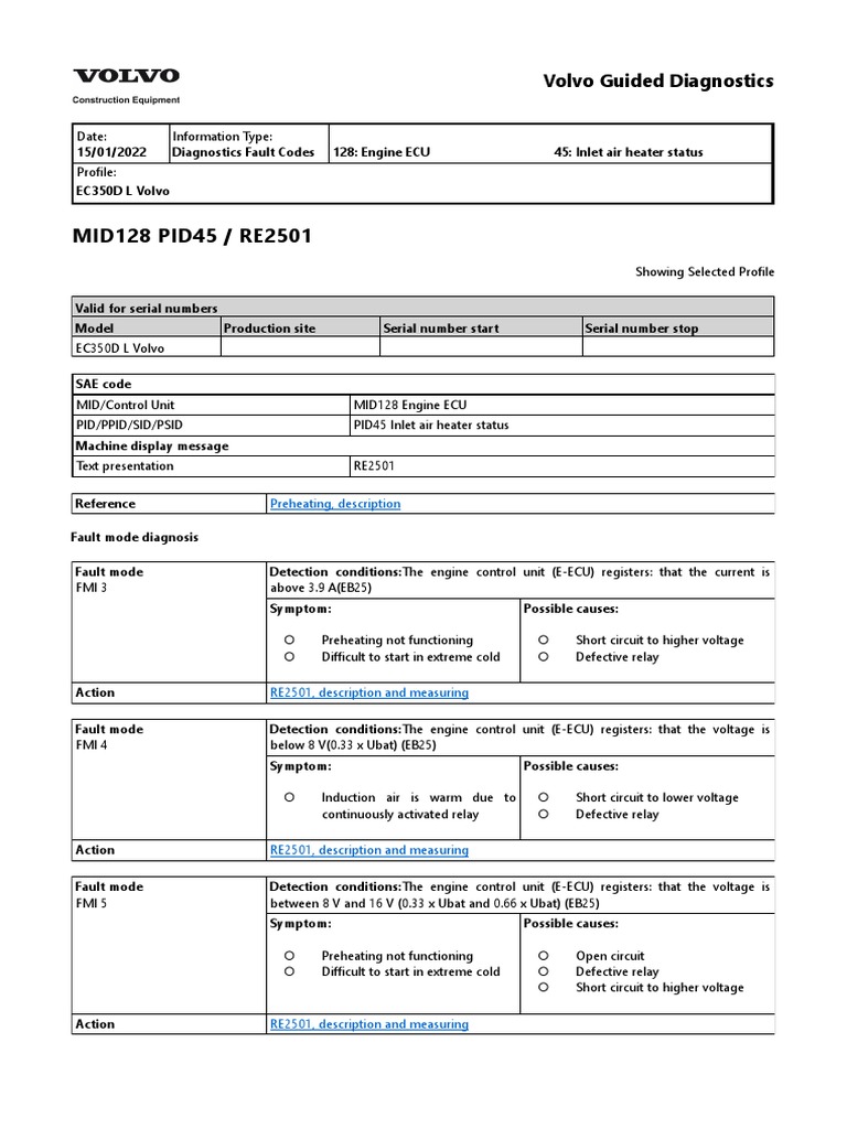Specification Inlet Air Heater Volvo EC350DL Excavator PDF Relay