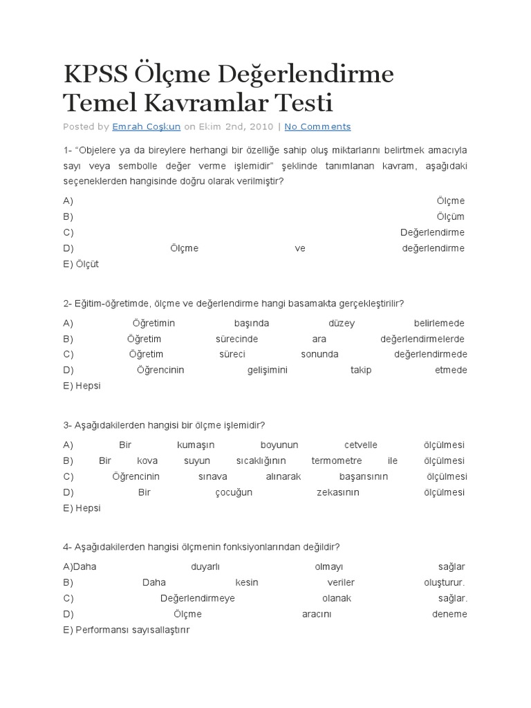 KPSS Ölçme Değerlendirme Temel Kavramlar Testi | PDF