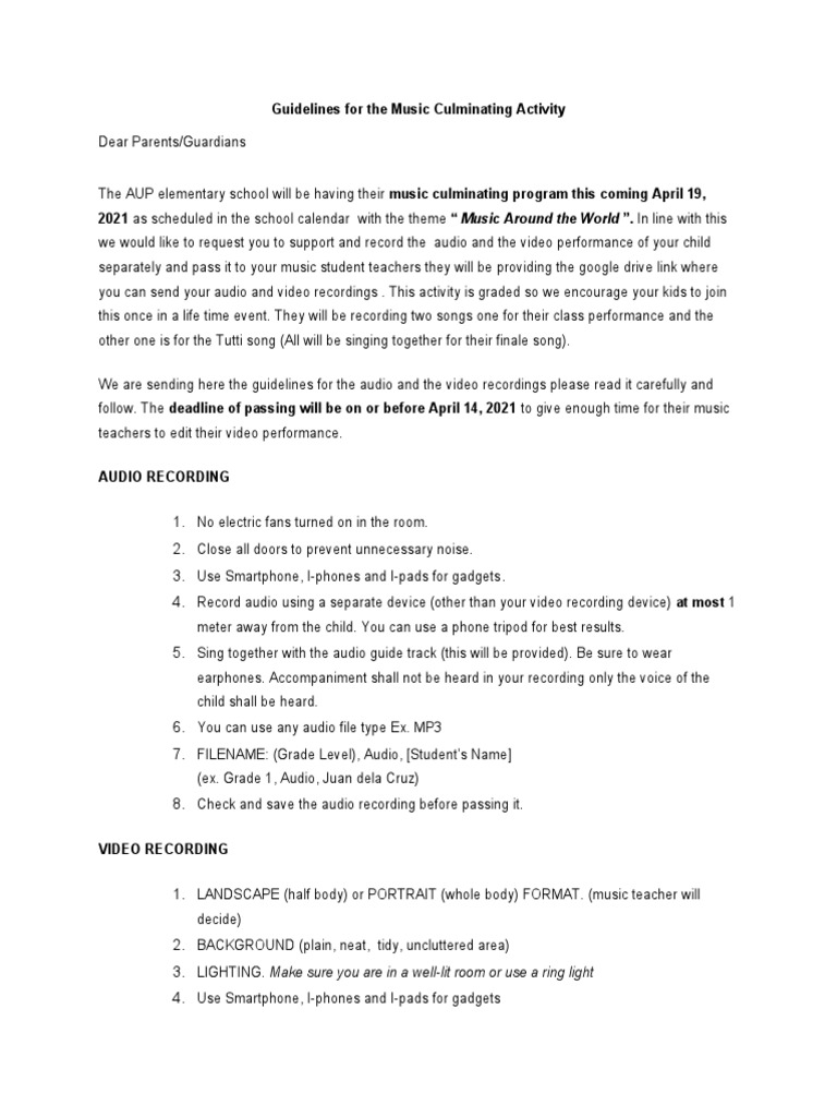 Guidelines For The Music Culminating Activity | PDF | Video | Computing