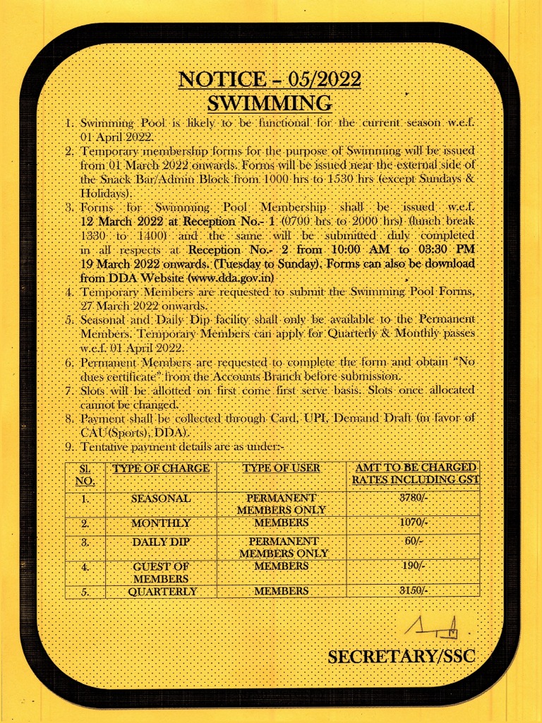 NOTICE Swimming Pool, Opening of Complex PDF