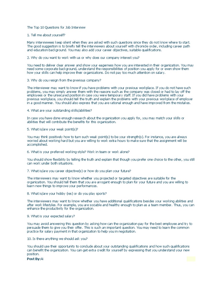 The Top 10 Questions For Job Interview | PDF | Competence (Human ...