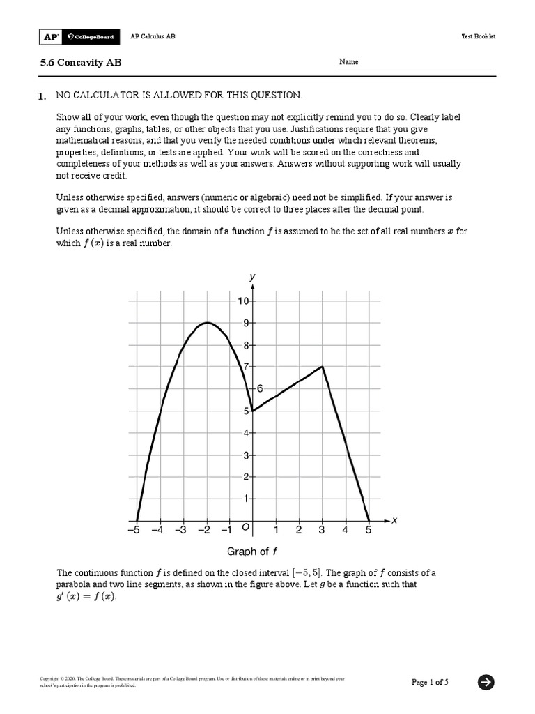 5.6 Concavity AB: 1. No Calculator Is Allowed For This Question | PDF ...