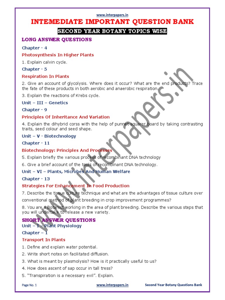 Second Year Botany 2020 Question Bank Pdf Dna Genetics