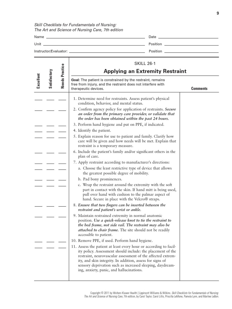 Skill Checklist Applying An Extremity Restraint PDF Hand Nursing