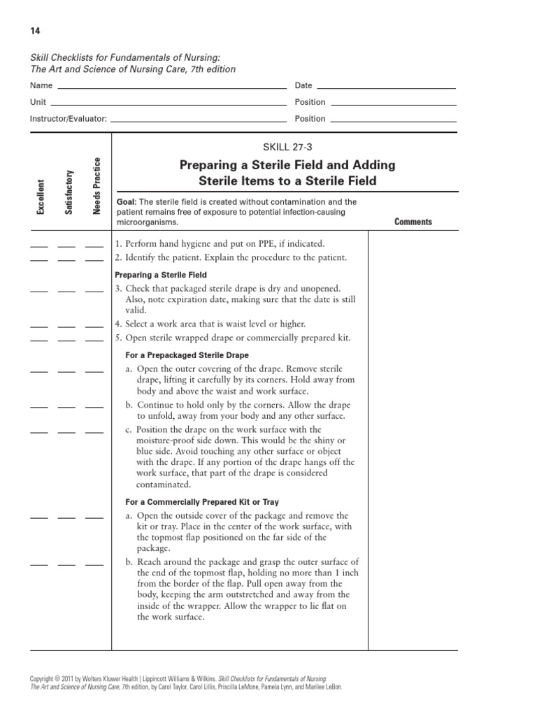 Skill Checklist Preparing A Sterile Field and Adding Sterile Items To A