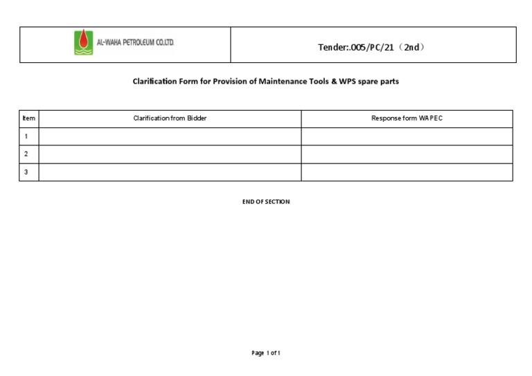 Clarification Form For Provision of Maintenance Tools & WPS Spare Parts ...