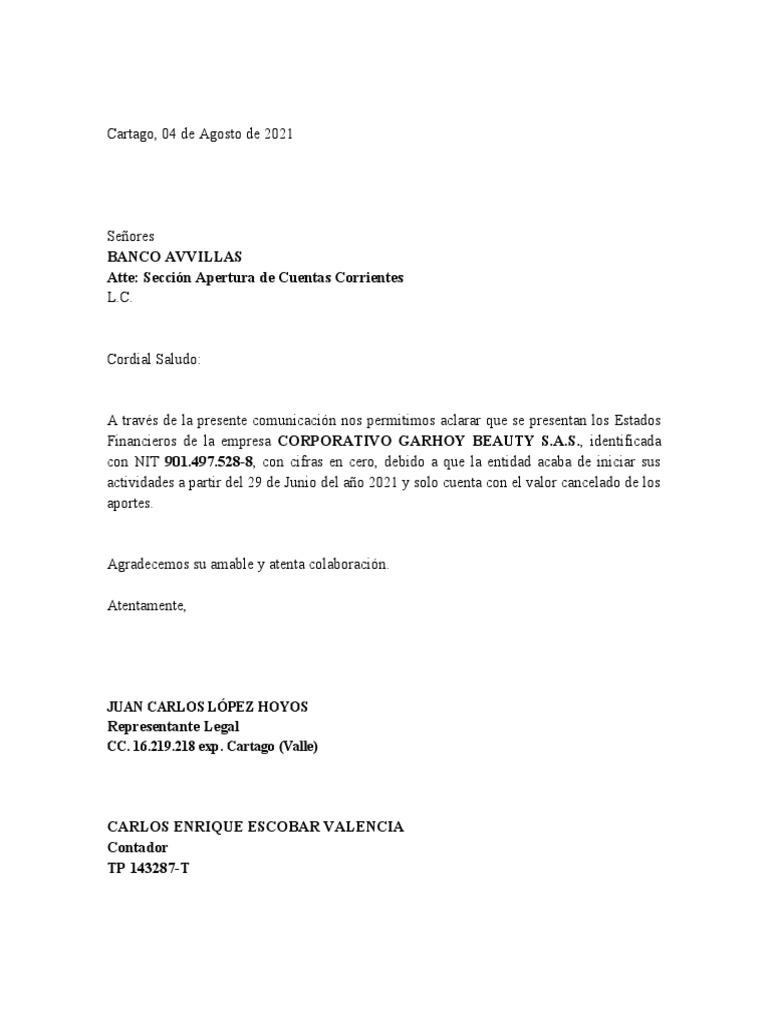 Carta Aclaratoria Banco | PDF