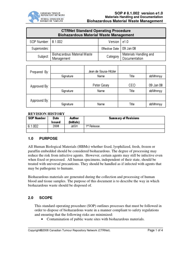 Bio Hazardous Material Waste Management SOP Waste Management Health