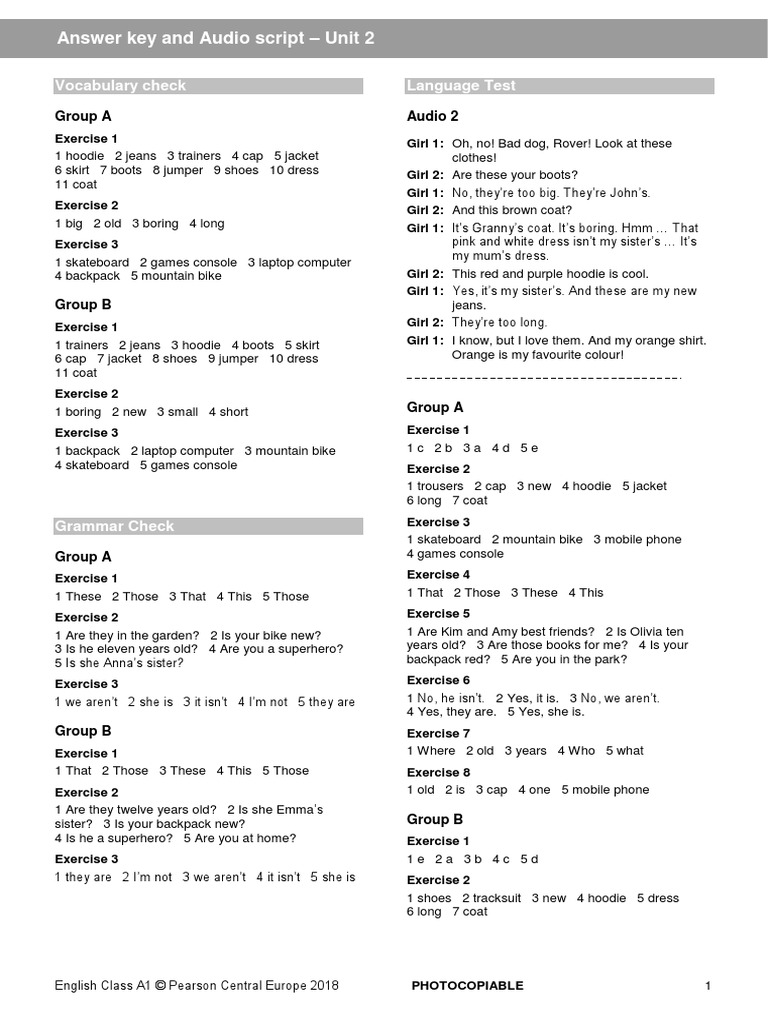 ECA1 Tests Answer Key Audio Script U2 New2018 | PDF | Clothing ...