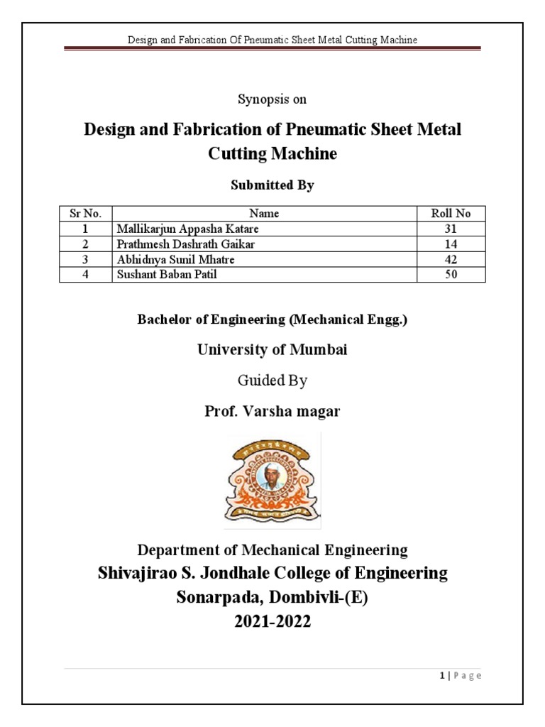 Design and Fabrication of Pneumatic Sheet Metal Cutting Machine PDF
