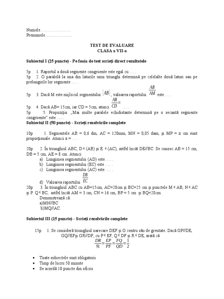 teste matematica clasa 7 geometrie patrulatere