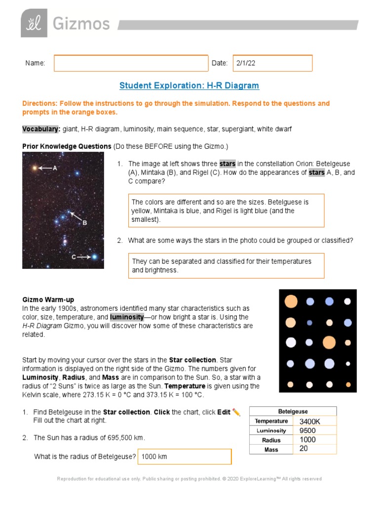 Student Exploration HR Diagram PDF Stars Outer Space