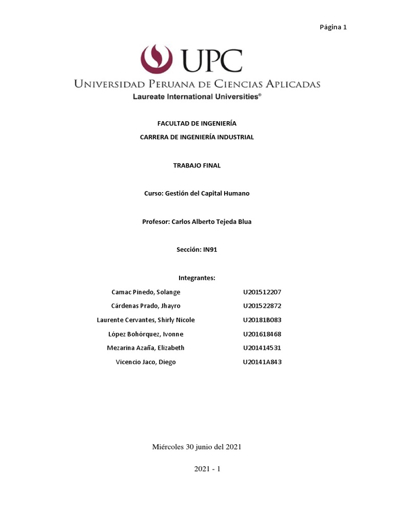Gestión Del Capital Humano Tf 2021 1 Pdf Gestión De Recursos