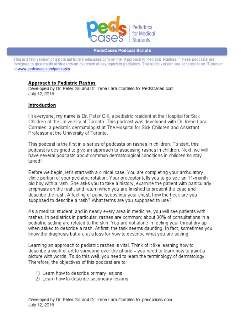 PedsCases Approach To Rashes PDF Cutaneous Conditions Medicine