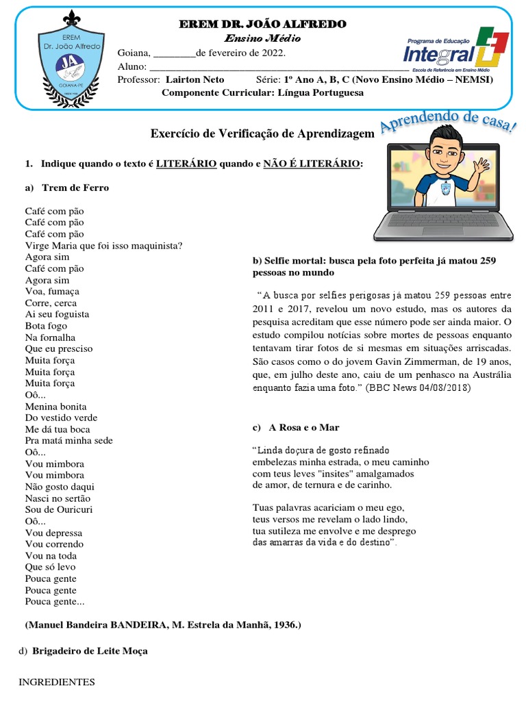 Texto Literário e Não Literário Exercício | PDF