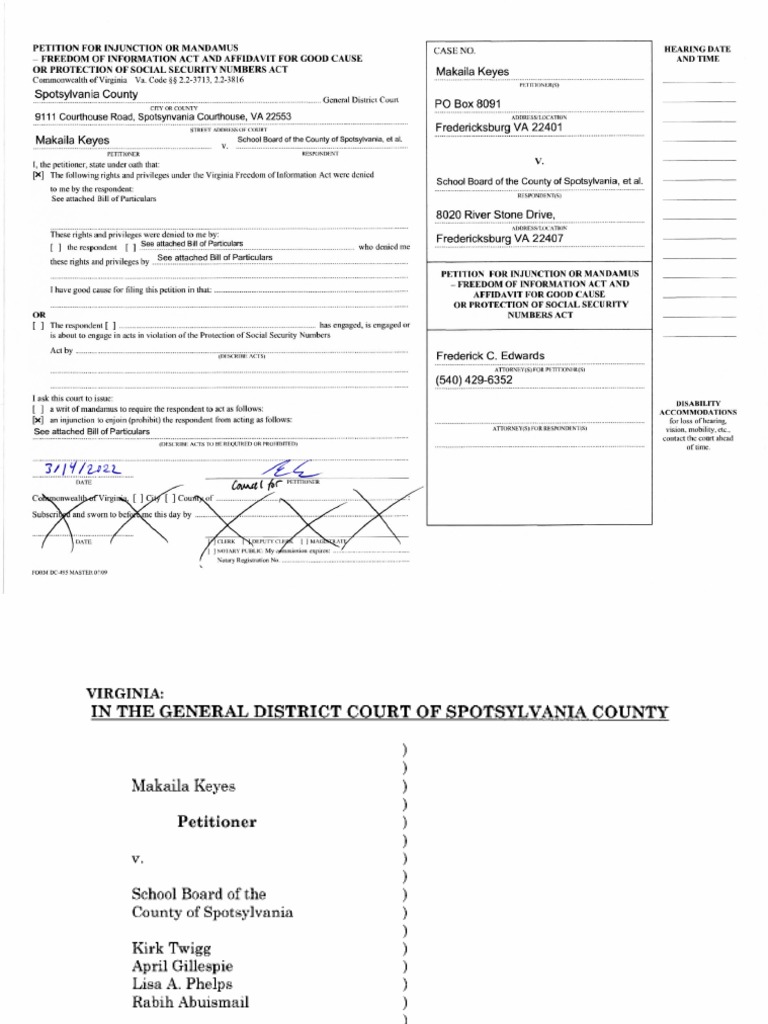 Petition For Injunction or Mandamus - Spotsylvania County | PDF