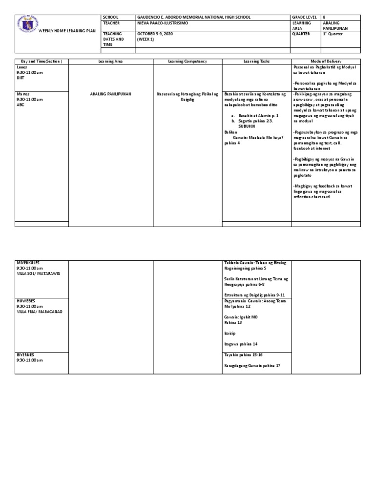 Weekly Home Learning Plan Arpan8 | PDF