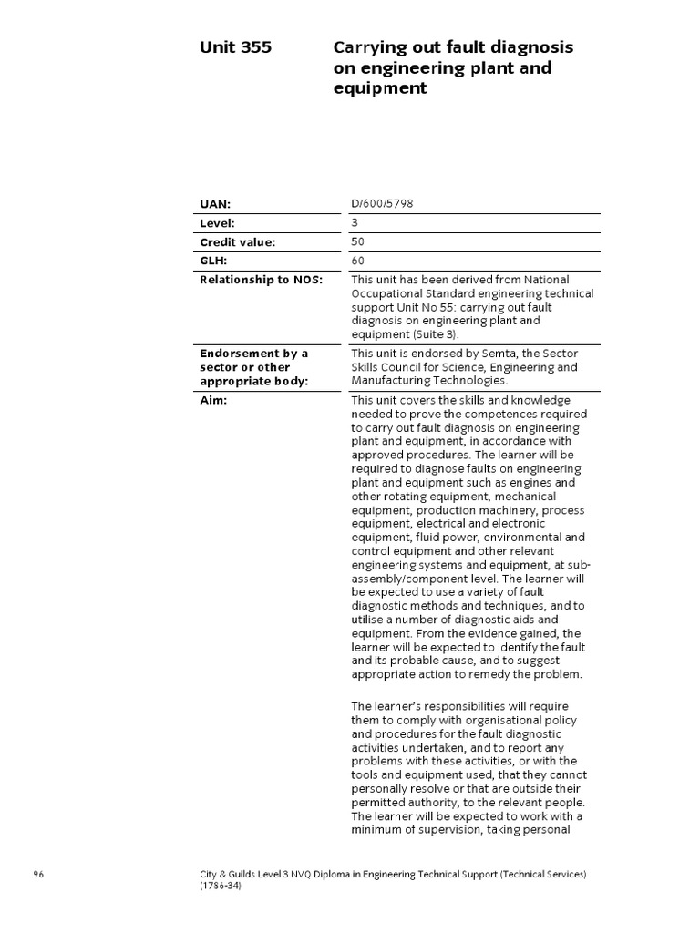Unit 355 Carrying Out Fault Diagnosis On Engineering Plant and