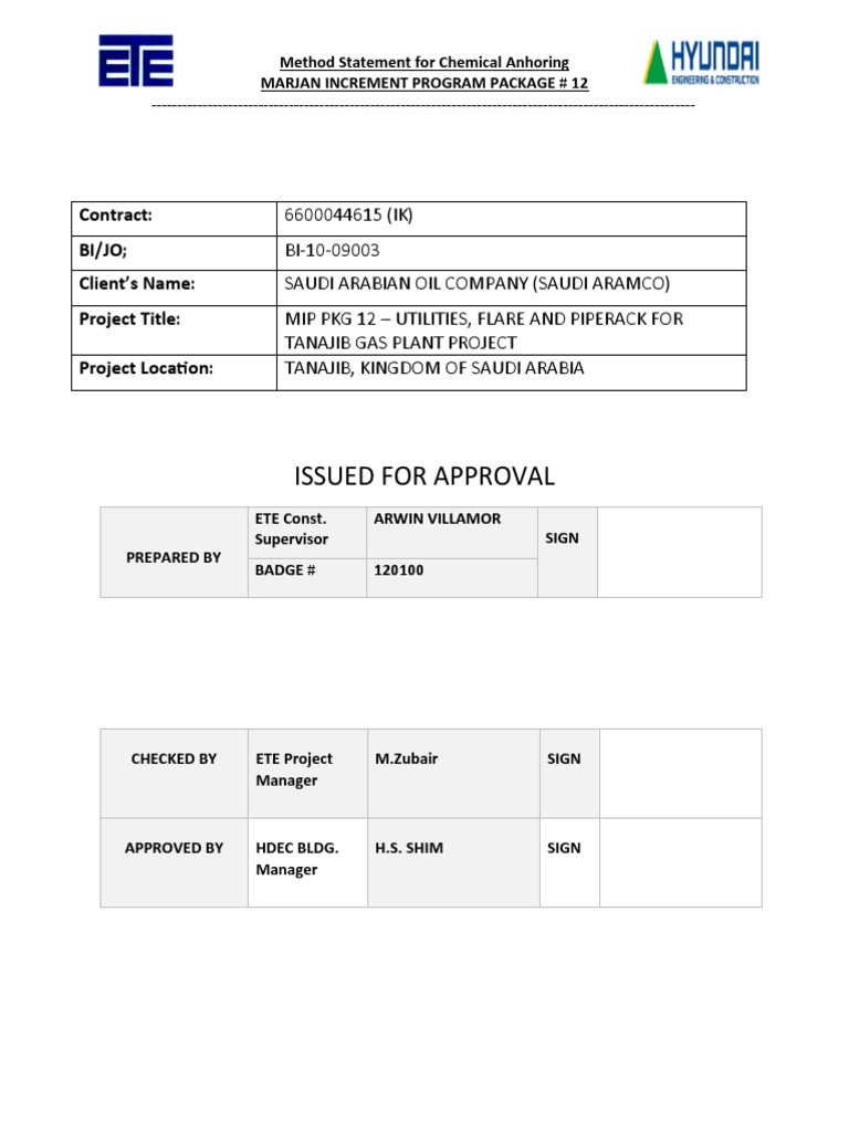 Method Statement For Chemical Anchor | PDF | Quality Assurance ...