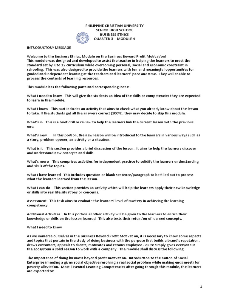 BUSINESS ETHICS Module 4 | PDF | Learning | Profit (Economics)