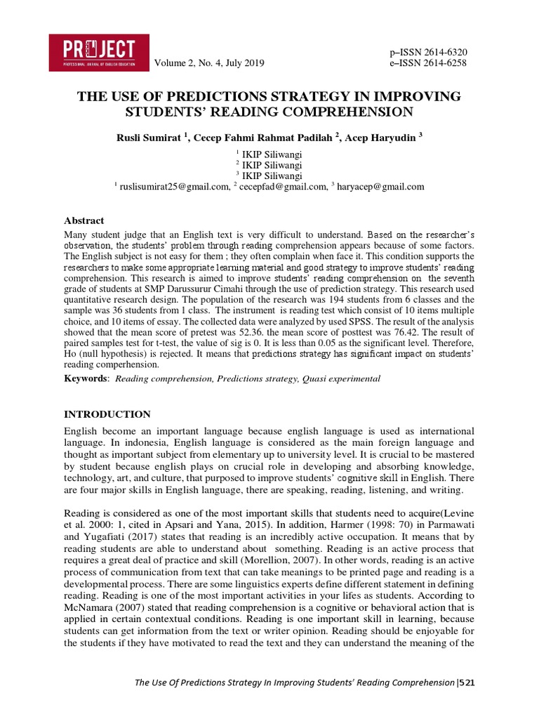 The Use of Predictions Strategy in Improving Stude | PDF | Reading ...