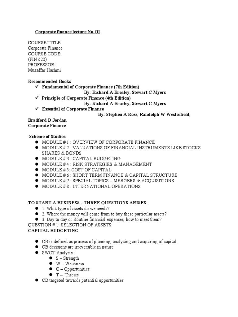 Corporate Finance Lecture Overview | PDF | Working Capital | Bonds ...