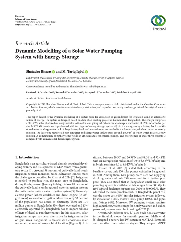 Research Article: Dynamic Modelling of A Solar Water Pumping System ...