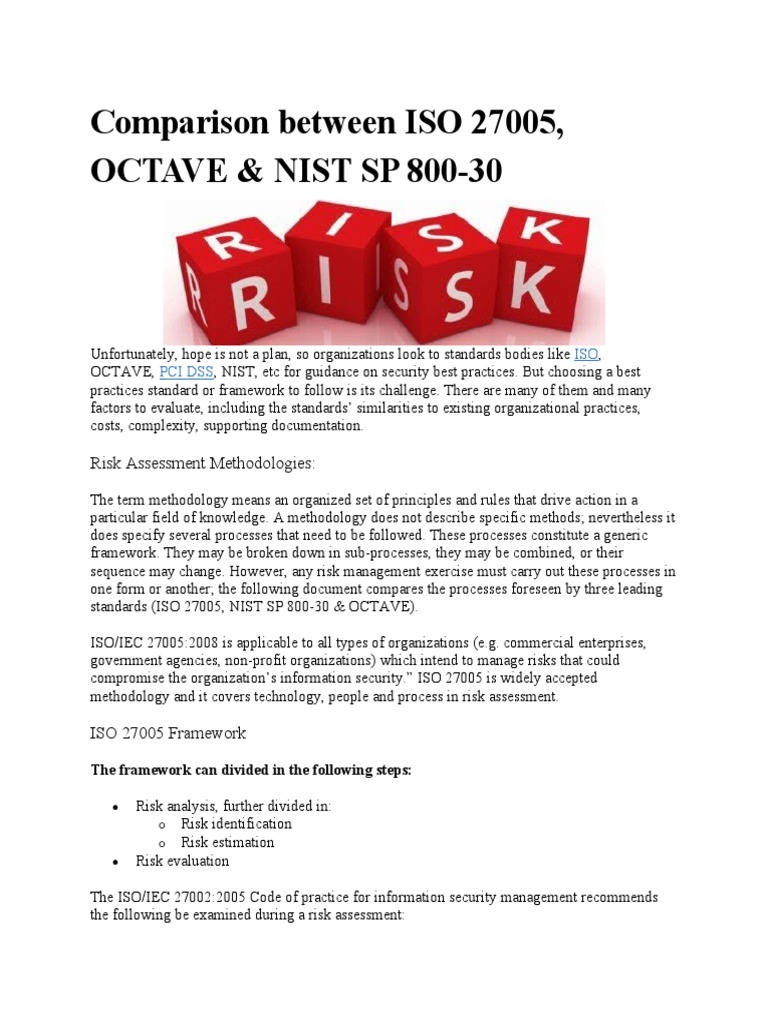 Comparing ISO 27005, OCTAVE & NIST 800-30 | PDF | Risk | Risk Assessment