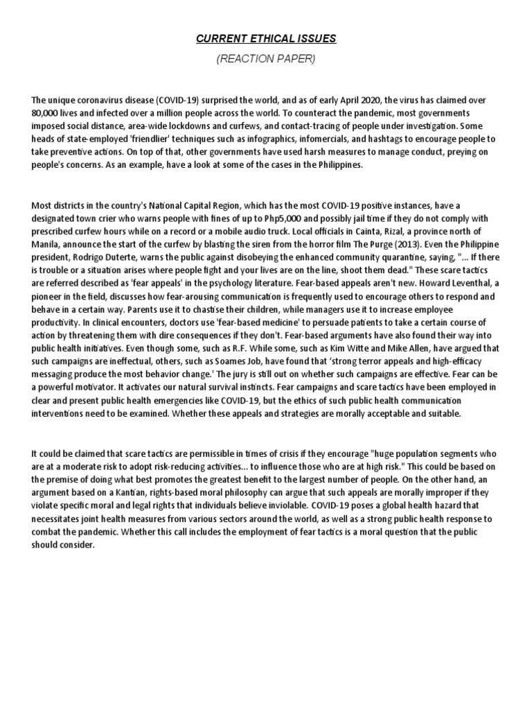 Current Ethical Issues: (Reaction Paper) | PDF | Public Health | Health ...