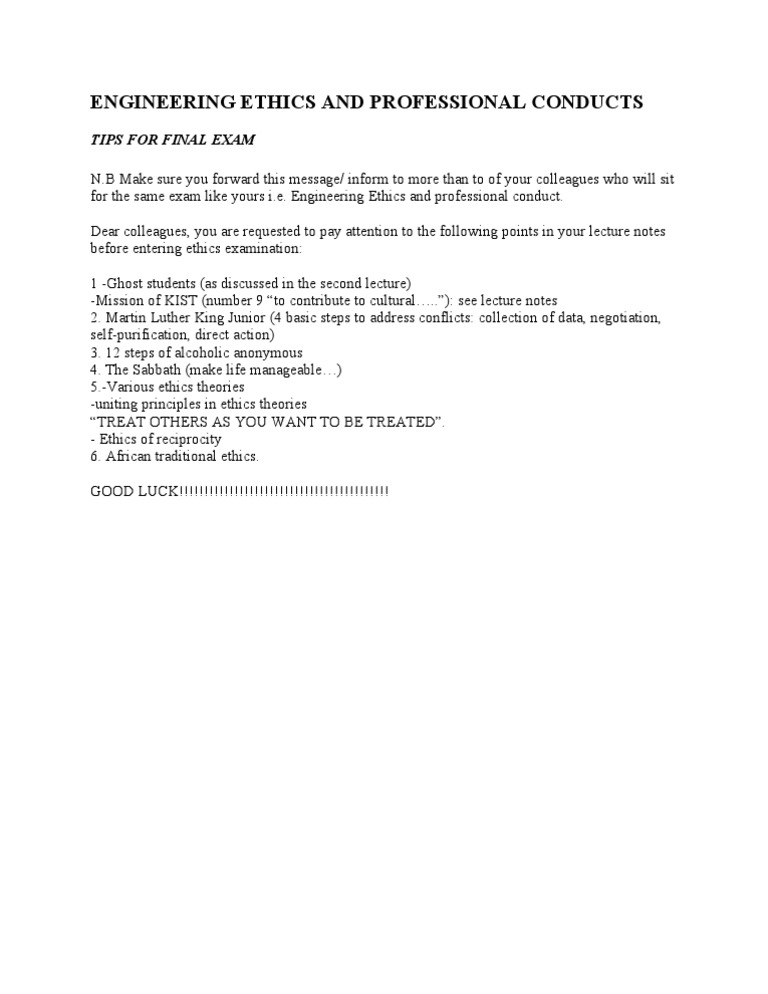 Engineering Ethics Exam Study Tips | PDF