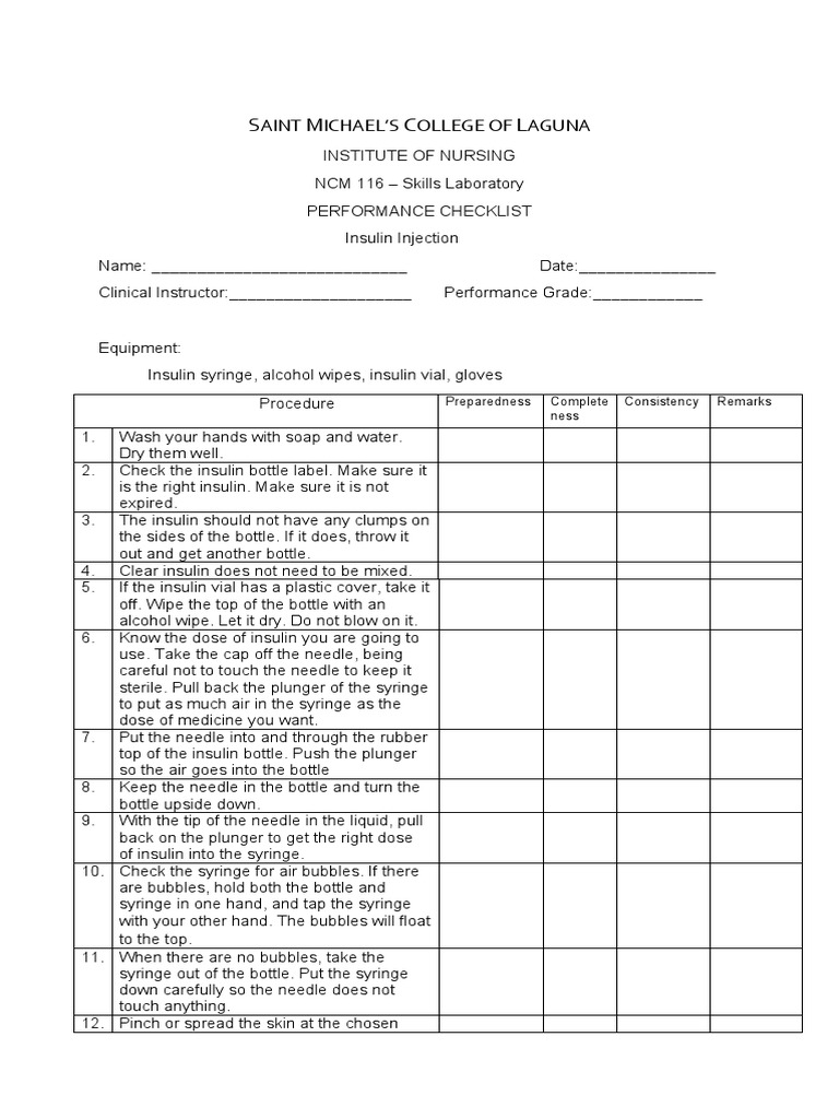Insulin Injection Administration Checklist | PDF | Syringe | Injection ...