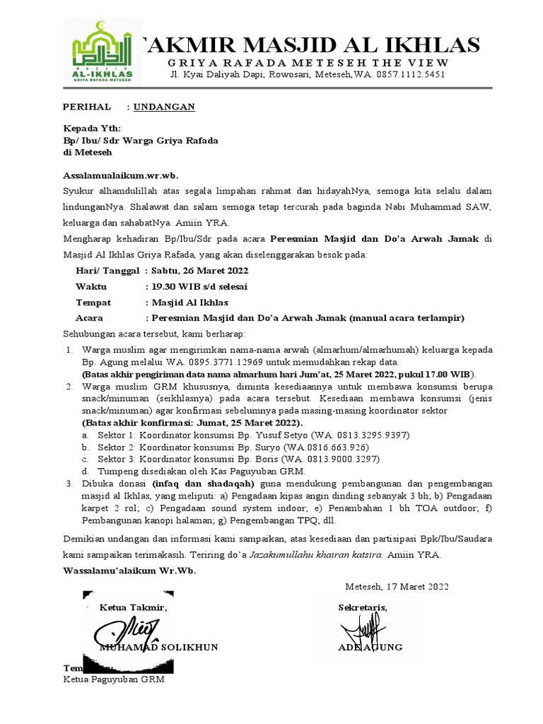 Undangan Peresmian Masjid Al Ikhlas | PDF