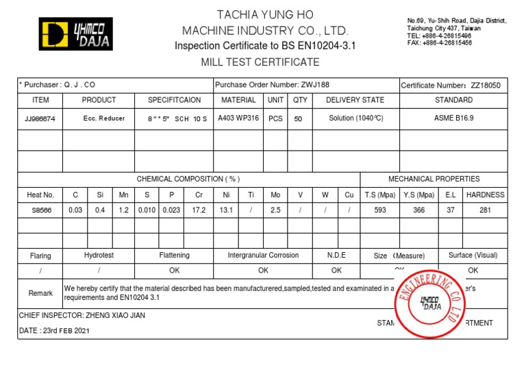 Inspection certificate to bs en10204 3 1 pdf