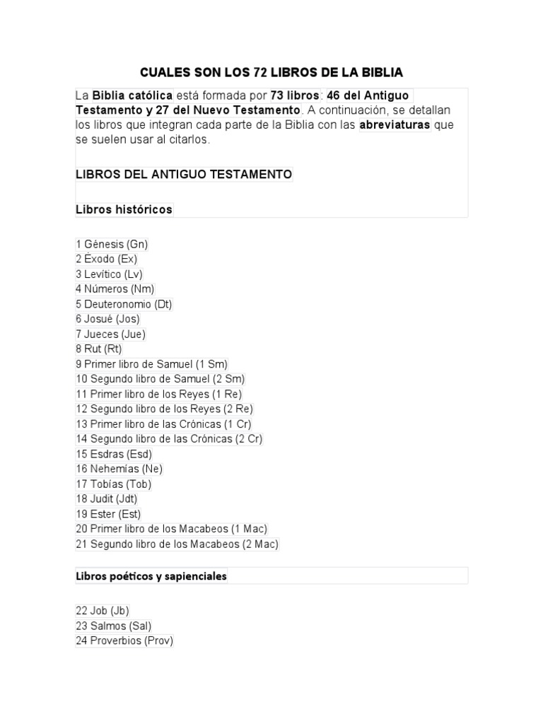 Cuales Son Los 72 Libros de La Biblia | PDF | Biblia | Libros