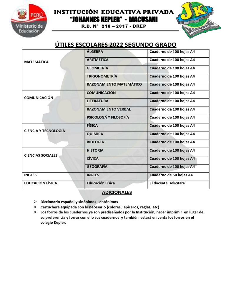 Utiles Escolares Segundo Grado 2022 | PDF | Science