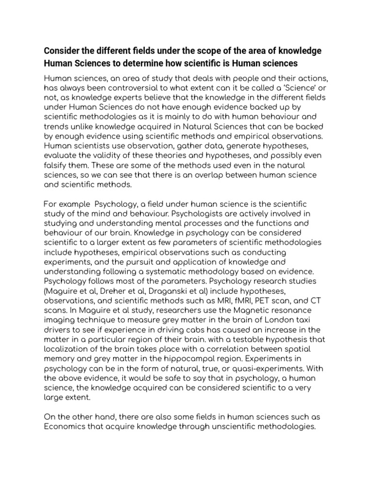 Consider The Different Fields Under The Scope of The Area of Knowledge