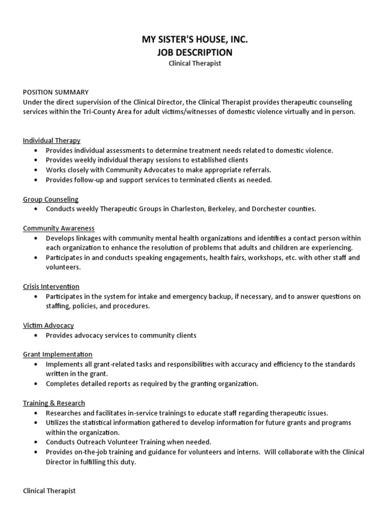 Community Therapist Job Description PDF Psychotherapy Health Care