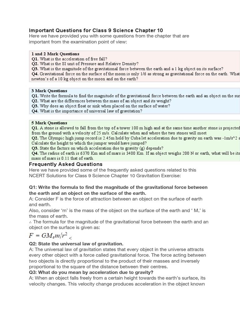 Class 9 Gravitation Important Questions | PDF | Gravity | Weight