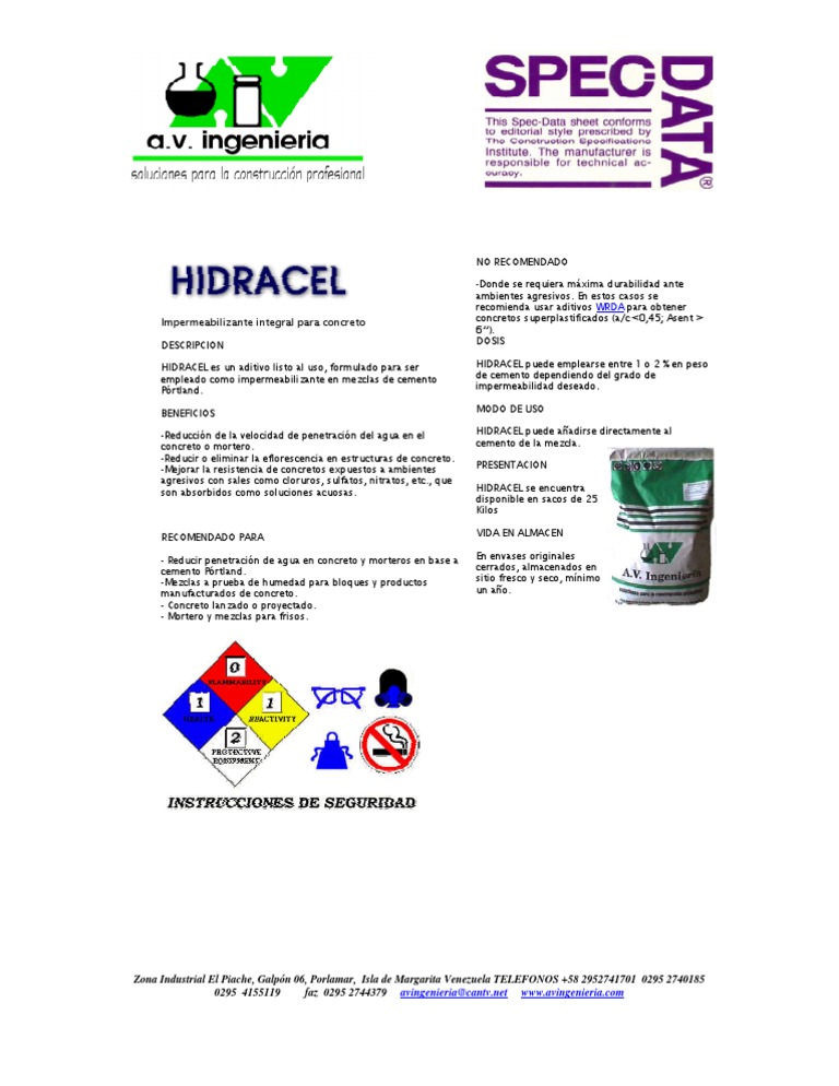 Aditivo Hidracel para Concreto Impermeable | PDF | Material compuesto ...