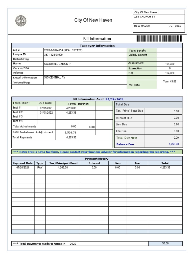 Property Tax Bill for 515 Central Ave, New Haven CT Detailing