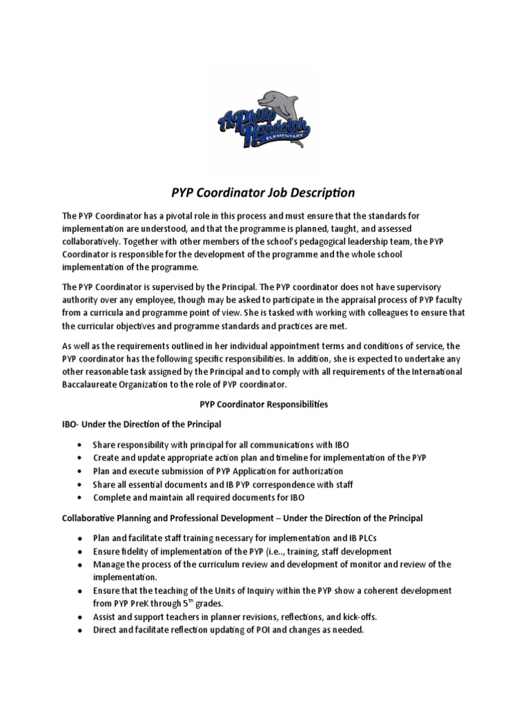 Randolph 2021 Pyp Coordinator Job Description PDF Curriculum