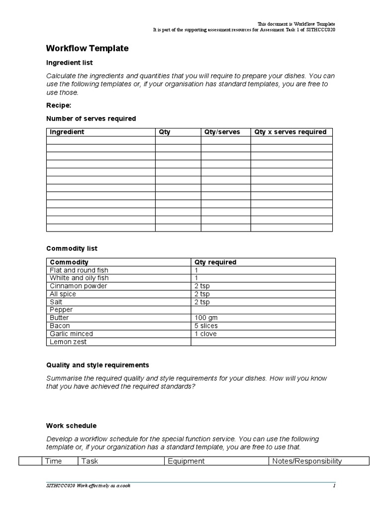 Kitchen Workflow Plan Template | PDF | Foods | Food And Drink Preparation