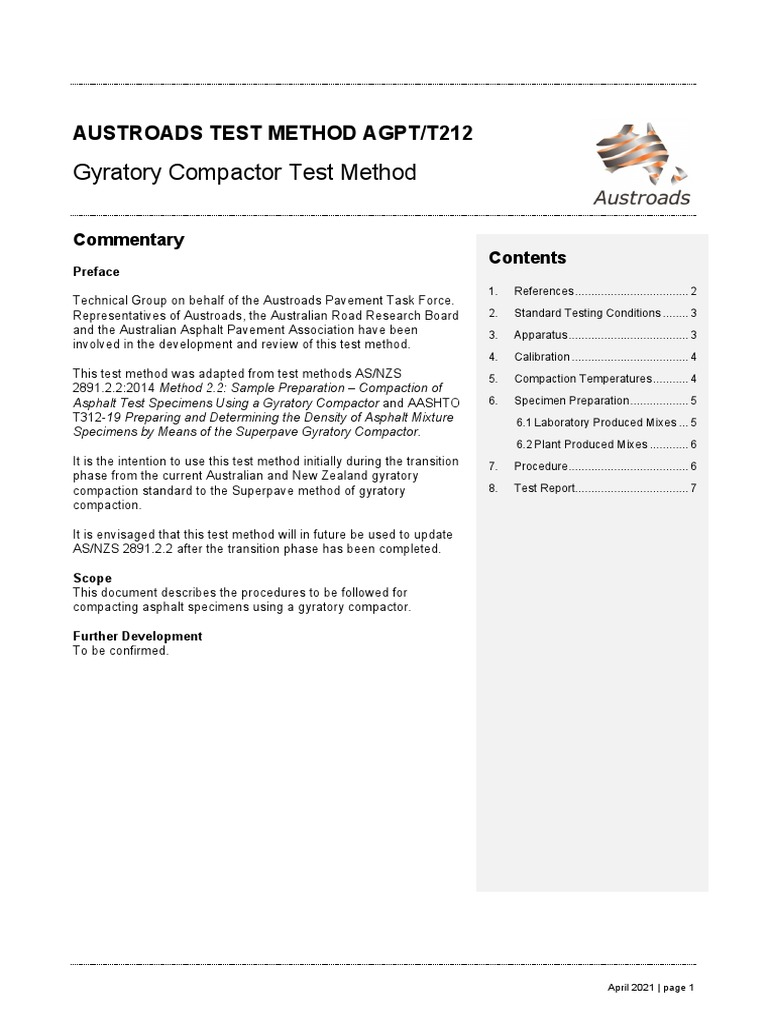 Gyratory Compactor Test Method AGPT/T212 | PDF | Asphalt | Building ...