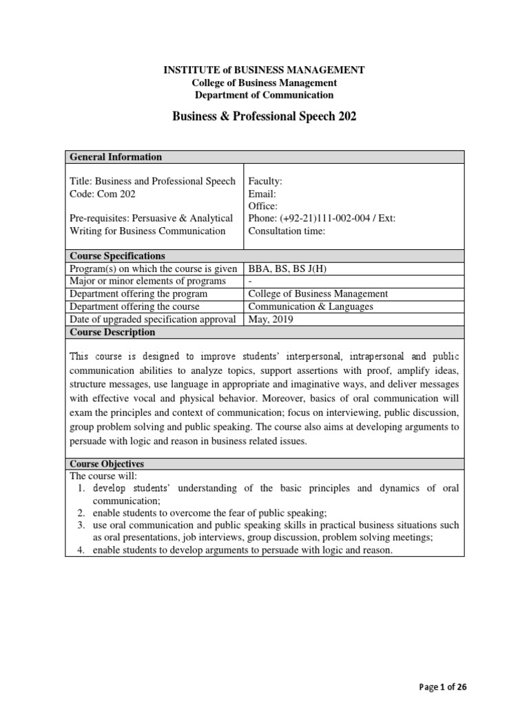 Business and Professional Speech Course | PDF | Communication | Lecture