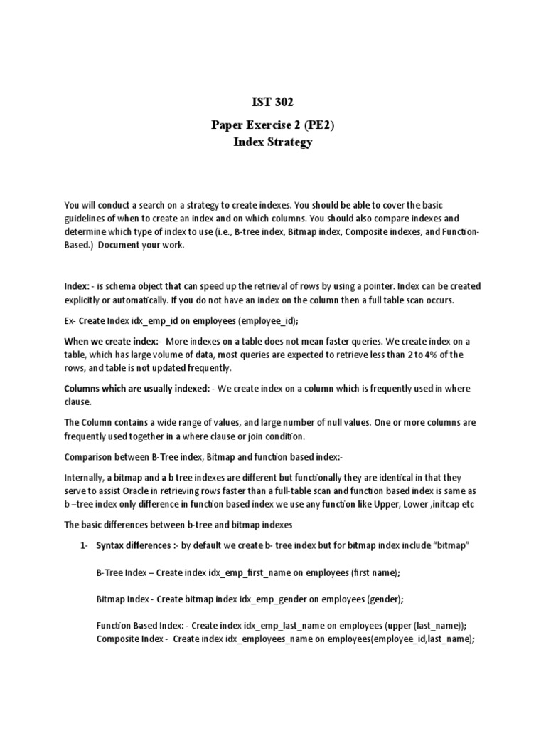 IST 302 Paper Exercise 2 (PE2) Index Strategy PDF Database Index