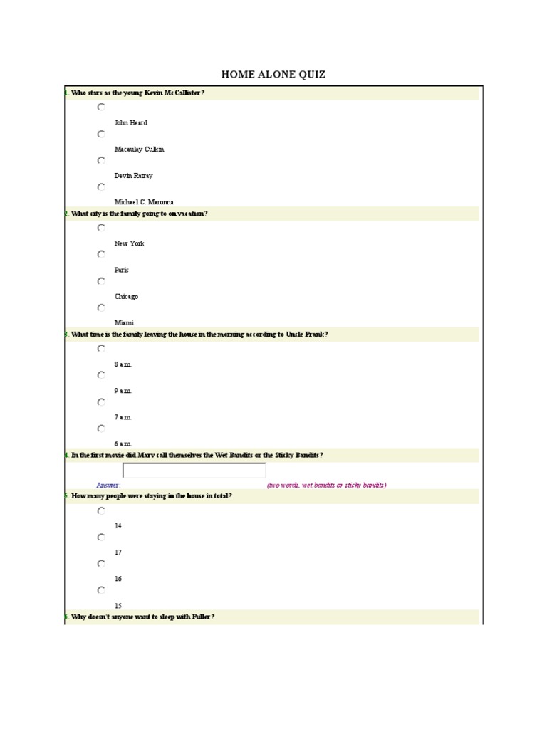 Home Alone Quiz PDF Leisure
