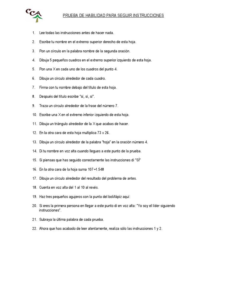 Prueba de Habilidad para Seguir Instrucciones | PDF