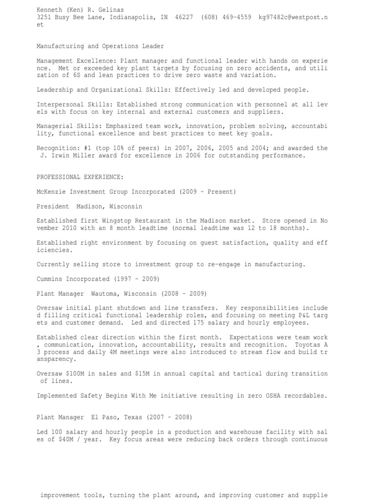 Manufacturing or Operations Manager / Director or Plant Manager | PDF